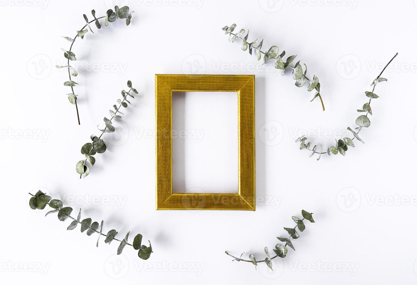 A golden frame for copy space and green leaves of eucalyptus around on a white background. Copy space photo