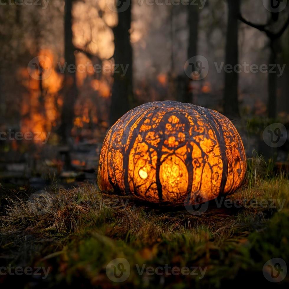 una gran calabaza naranja yace sobre la hierba y las linternas arden en el bosque foto