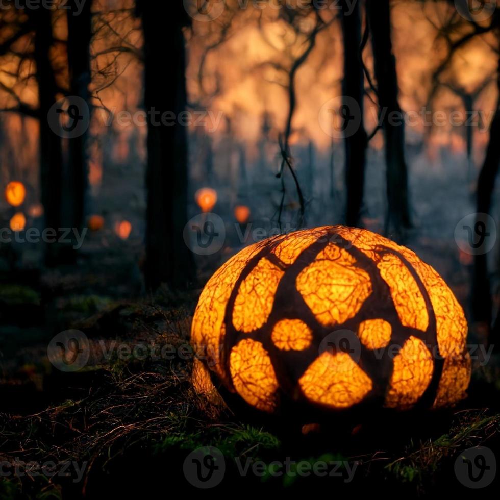 A large orange pumpkin lies on the grass and lanterns burn in the forest photo