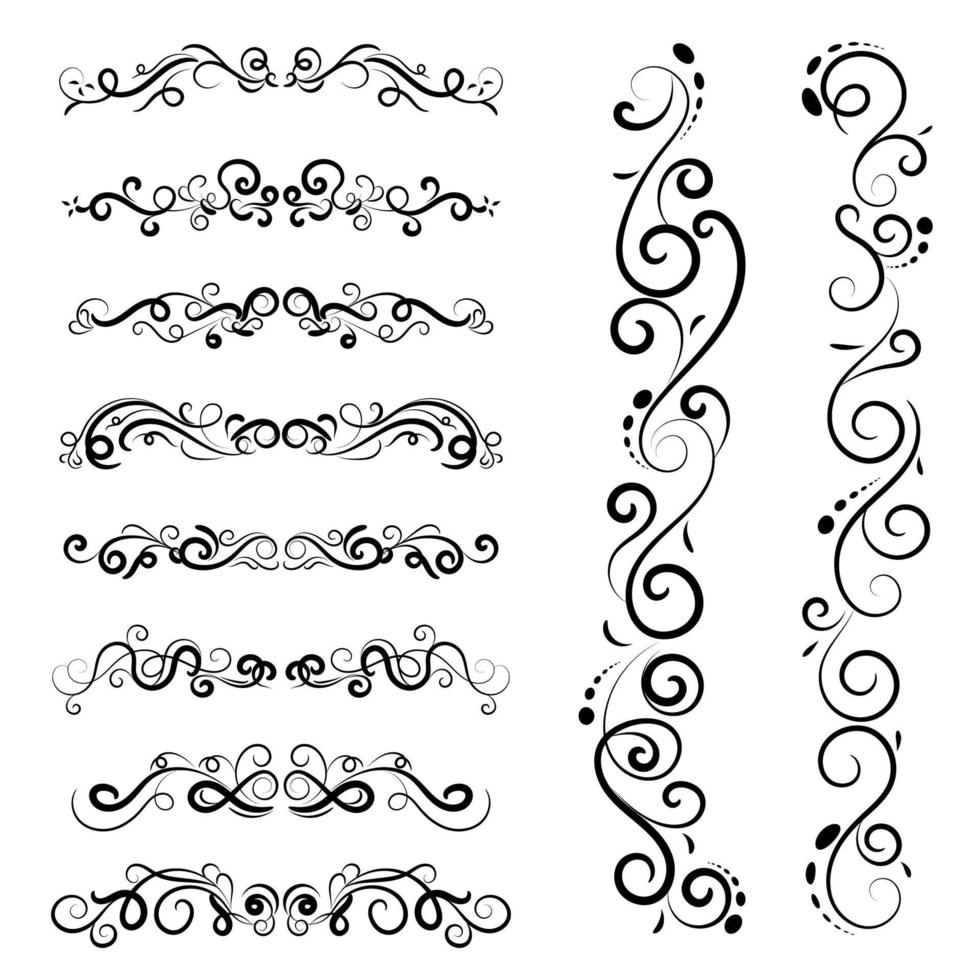 set of borders and swirl dividers decorative elements isolated on white for design vector