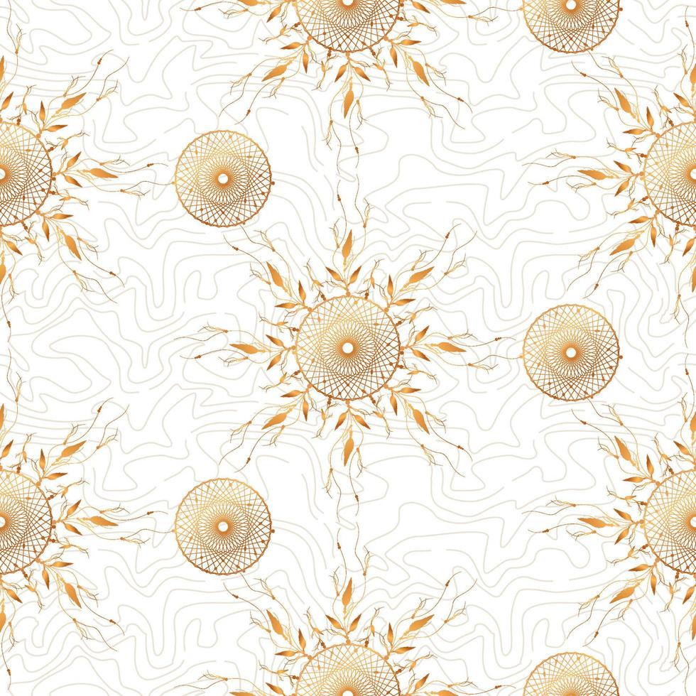 Adorno de mandala de atrapasueños sin costuras y plumas de pájaro. símbolo místico redondo de oro de la flor del sol, arte étnico con diseño boho indio nativo americano, vector aislado en el viejo fondo retro vintage blanco