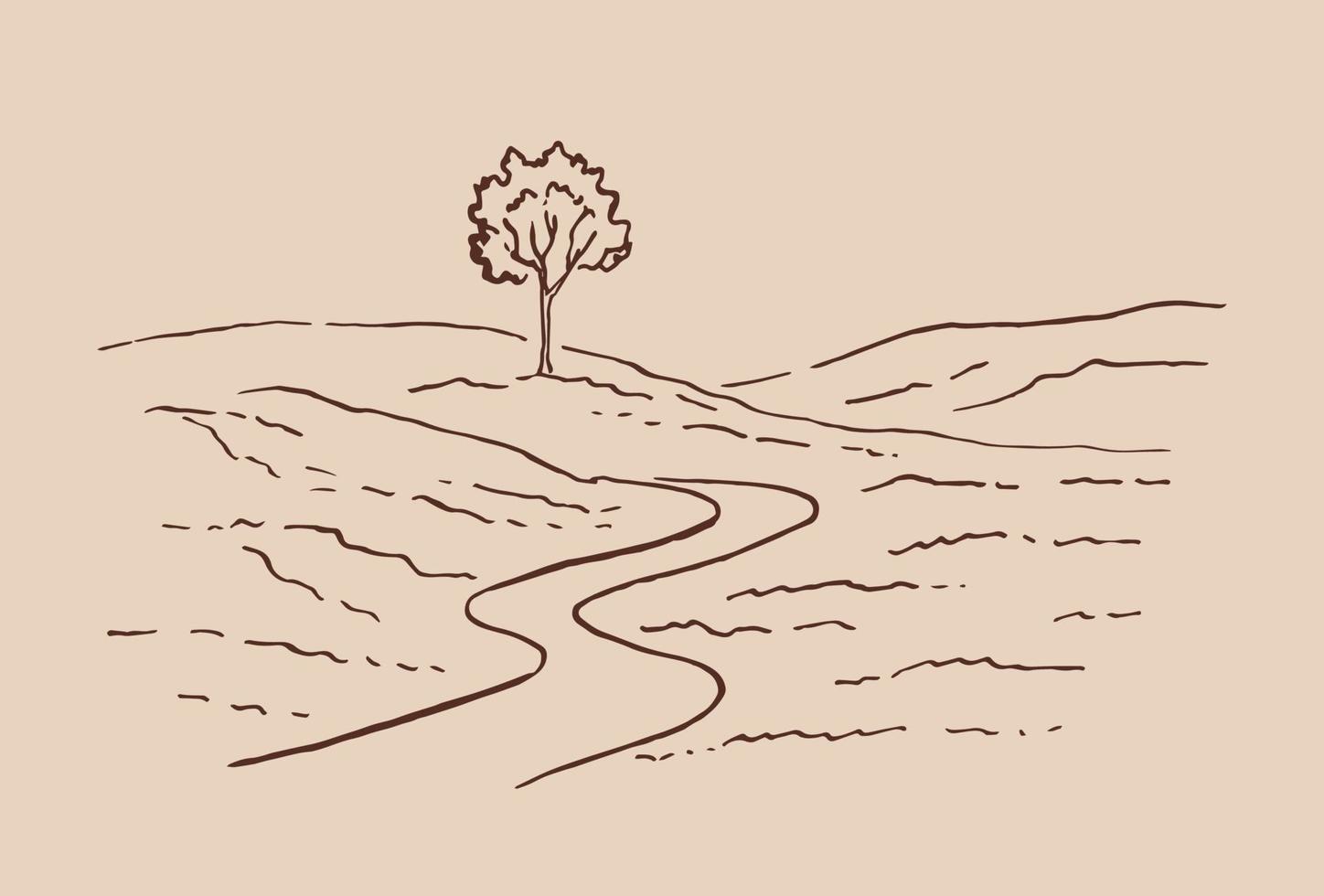 Rural landscape with road and tree. Hand drawn illustration converted to vector. vector