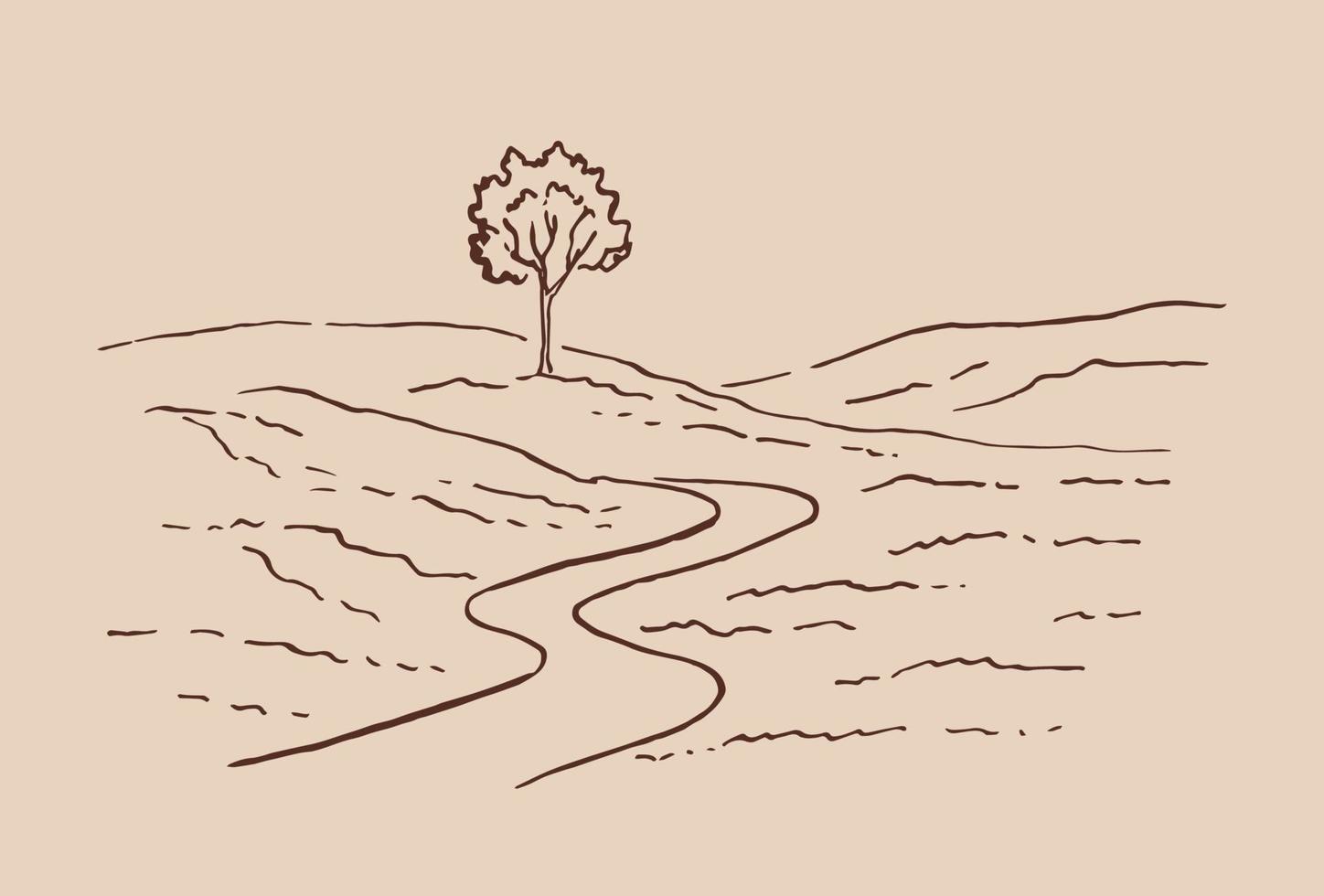 paisaje rural con camino y árbol. ilustración dibujada a mano convertida en vector. vector