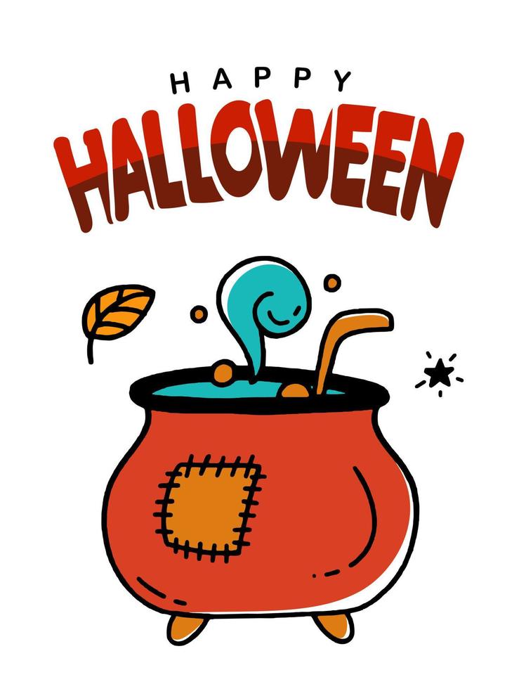 Halloween Greeting Card Poster Banner with Potion Cauldron Illustration of Doodle style Vector design on white background