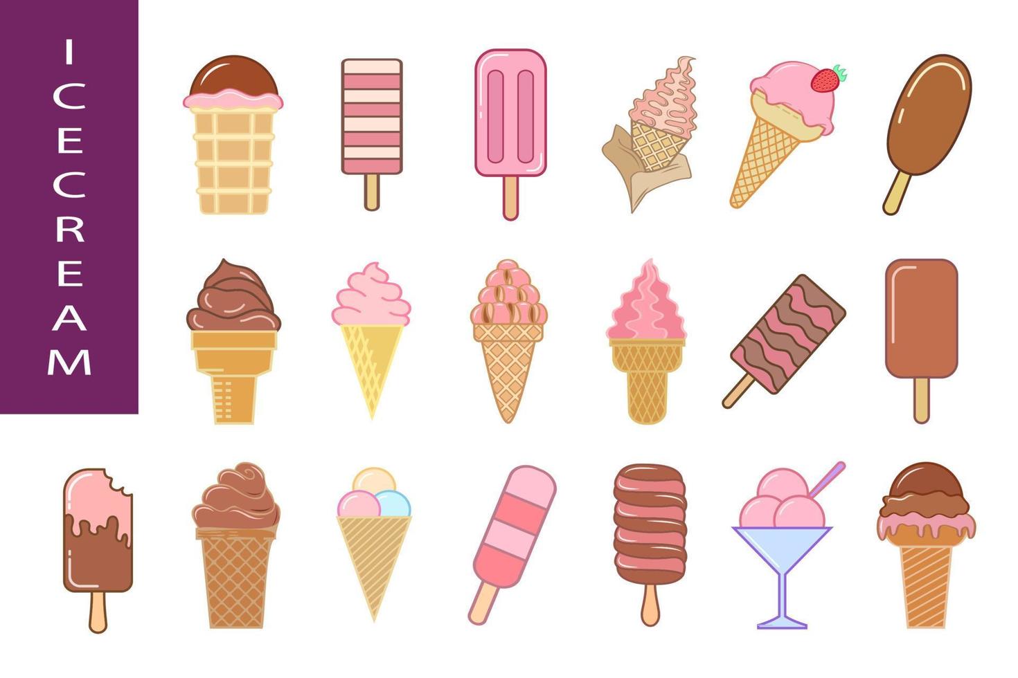 Ice cream colorful designs. Collection of ice cream illustrations. Colorful sweet desserts set isolated on white background. vector