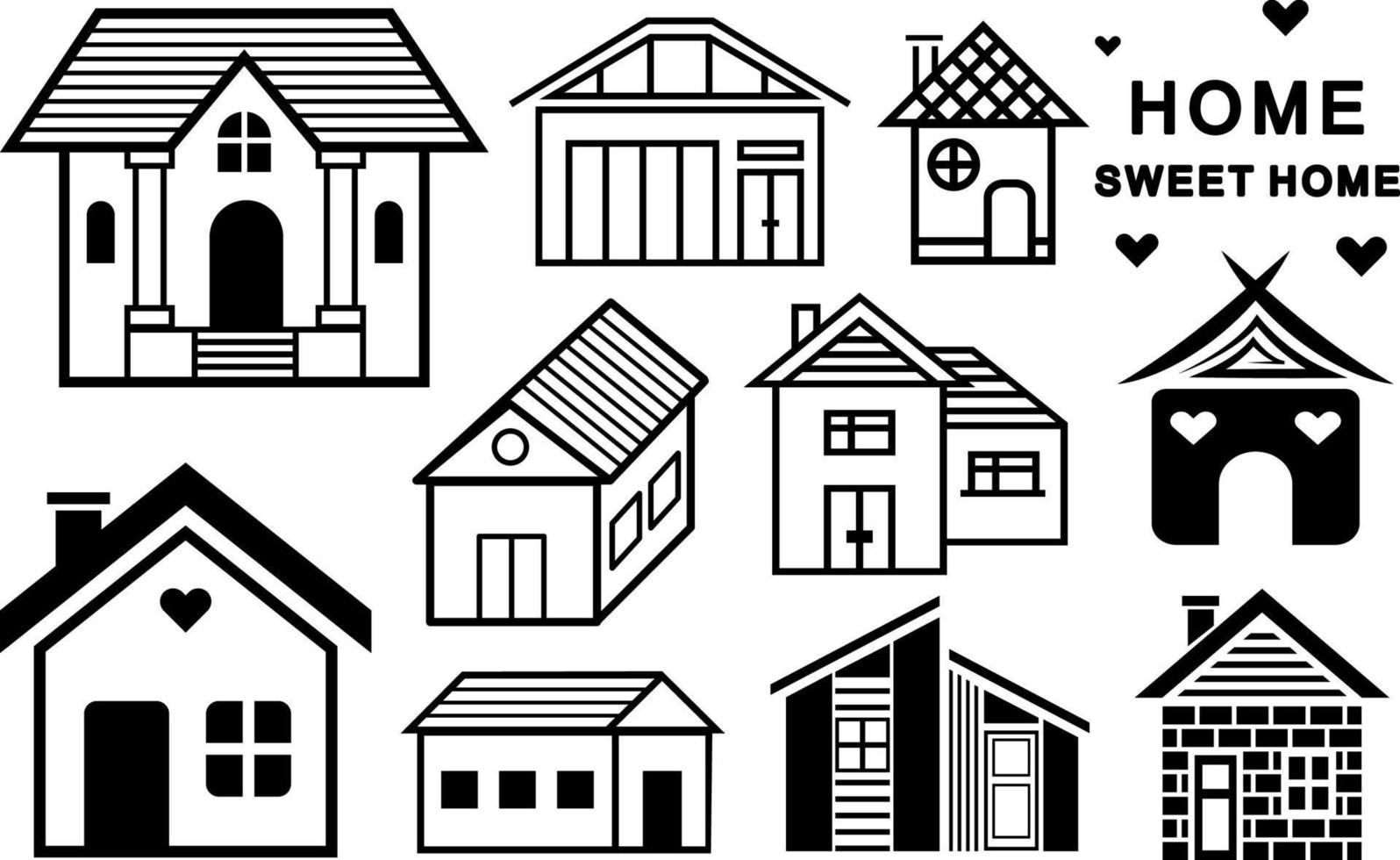 Houses set, collection of black, flat, outline houses, line art illustrations, isolated on white background. vector