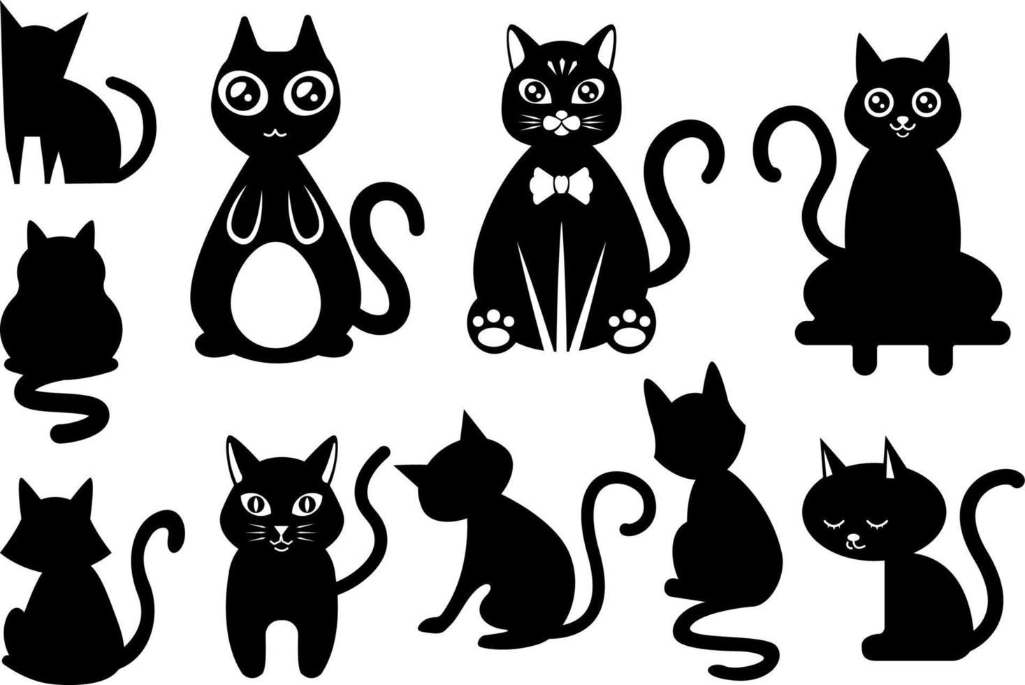 conjunto de gatos de dibujos animados en blanco y negro. colección de lindos gatos en diferentes estilos, adorables animales bebés para tus proyectos de diseño. vector