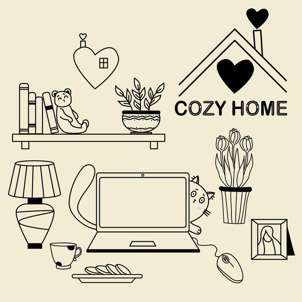 Cozy home. A set of doodles - cat peeking out from behind a laptop, bookshelf and teddy bear toy, flowerpots and tulips, table lamp and cup with cookies and a heart logo. Vector, outline vector