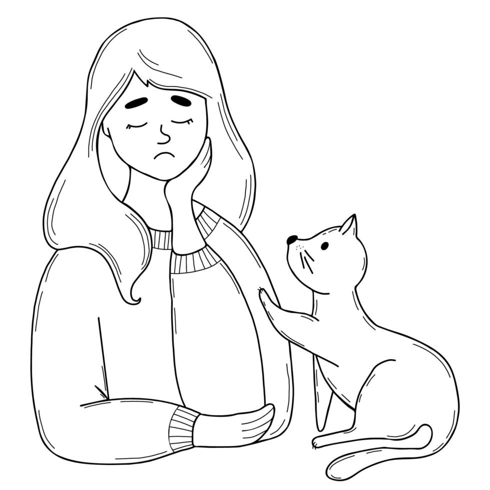 Cute sad lonely girl with cat. Vector illustration. Linear hand drawing in doodle. outline Character for concept of emotion, sad holiday and loneliness.