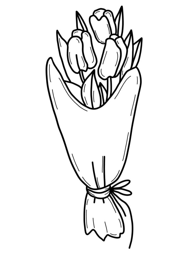 hermoso ramo primaveral de flores de tulipanes. ilustración vectorial dibujo manual lineal. vector