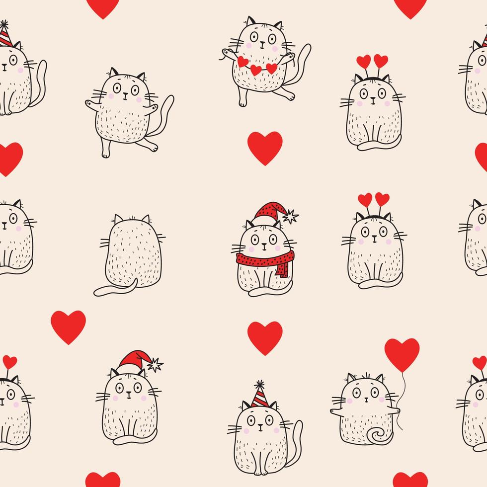 Seamless patterns. Holiday cats in Santa hat, scarf, birthday cap, with hearts are dancing and sitting on a pink background. Vector. Line, outline. For holiday, christmas and valentine designs vector