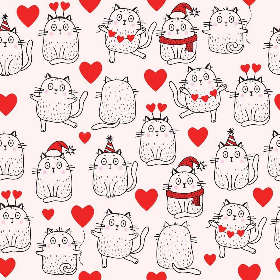 Seamless patterns. Holiday and cats in a Santa hat, a scarf, a birthday girls hat, with hearts, with a balloon, dancing and sitting on a light background. Vector. For holidays, christmas and valentine vector