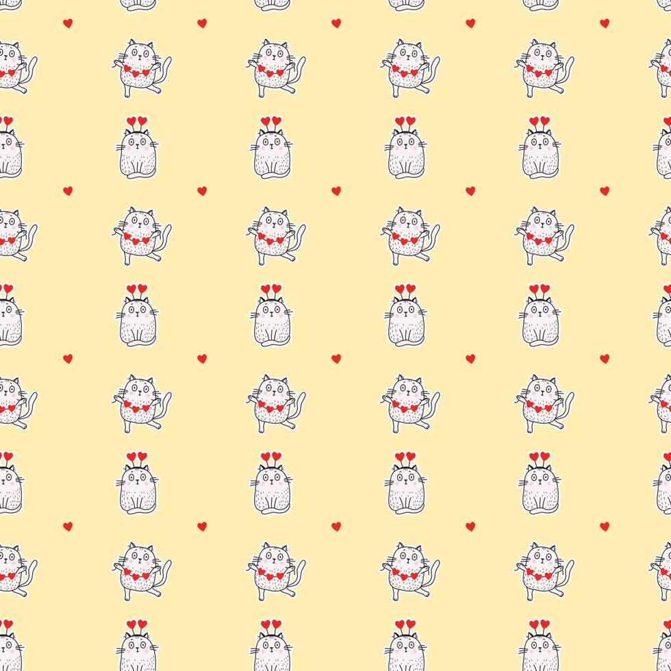 Seamless patterns. Valentines card Festive cats with a garland and in a hat with hearts dance and sit on a yellow background. Vector illustration for design, holidays and valentines.