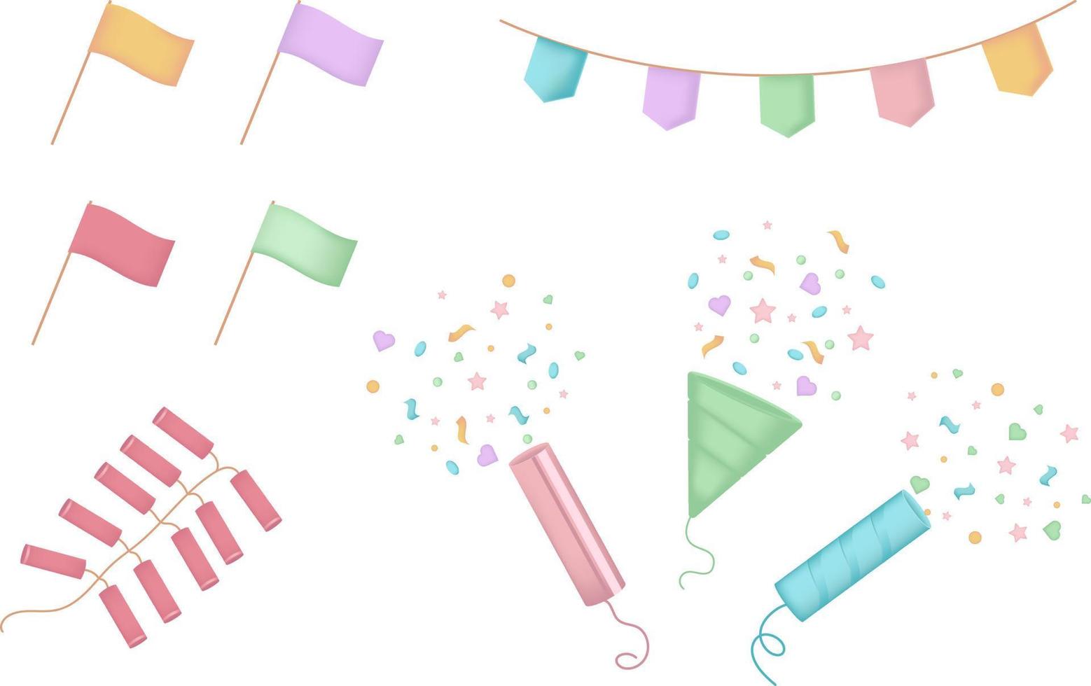 Firecracker and confetti illustration set. Party, birthday, card, decoration, confetti paper. Vector drawing. Hand drawn style.