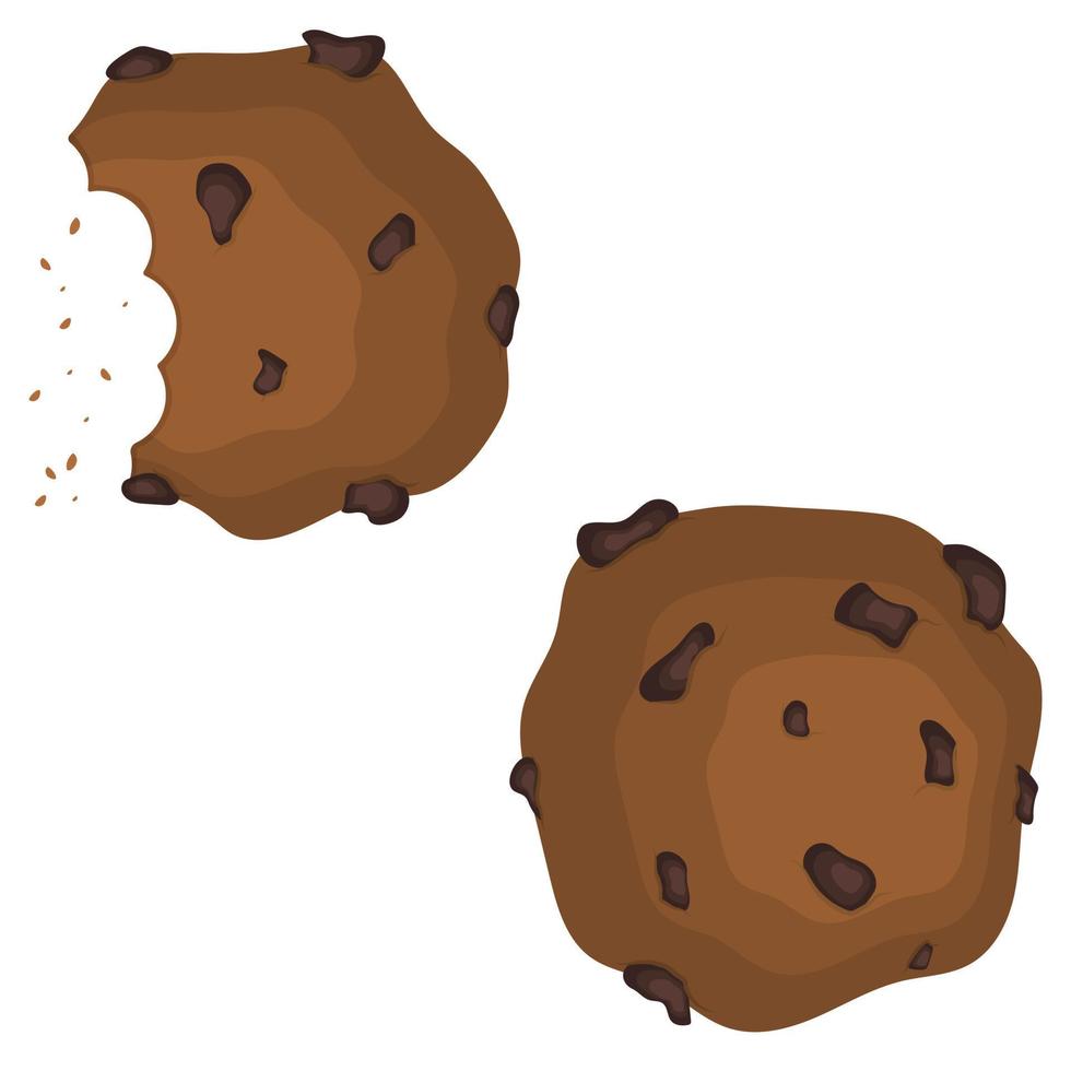 Cookies with chocolate drops. Bitten biscuit with crumbs. Sweet pastries in cartoon style. Vector illustration for culinary magazines, restaurant menus and bakeries banners