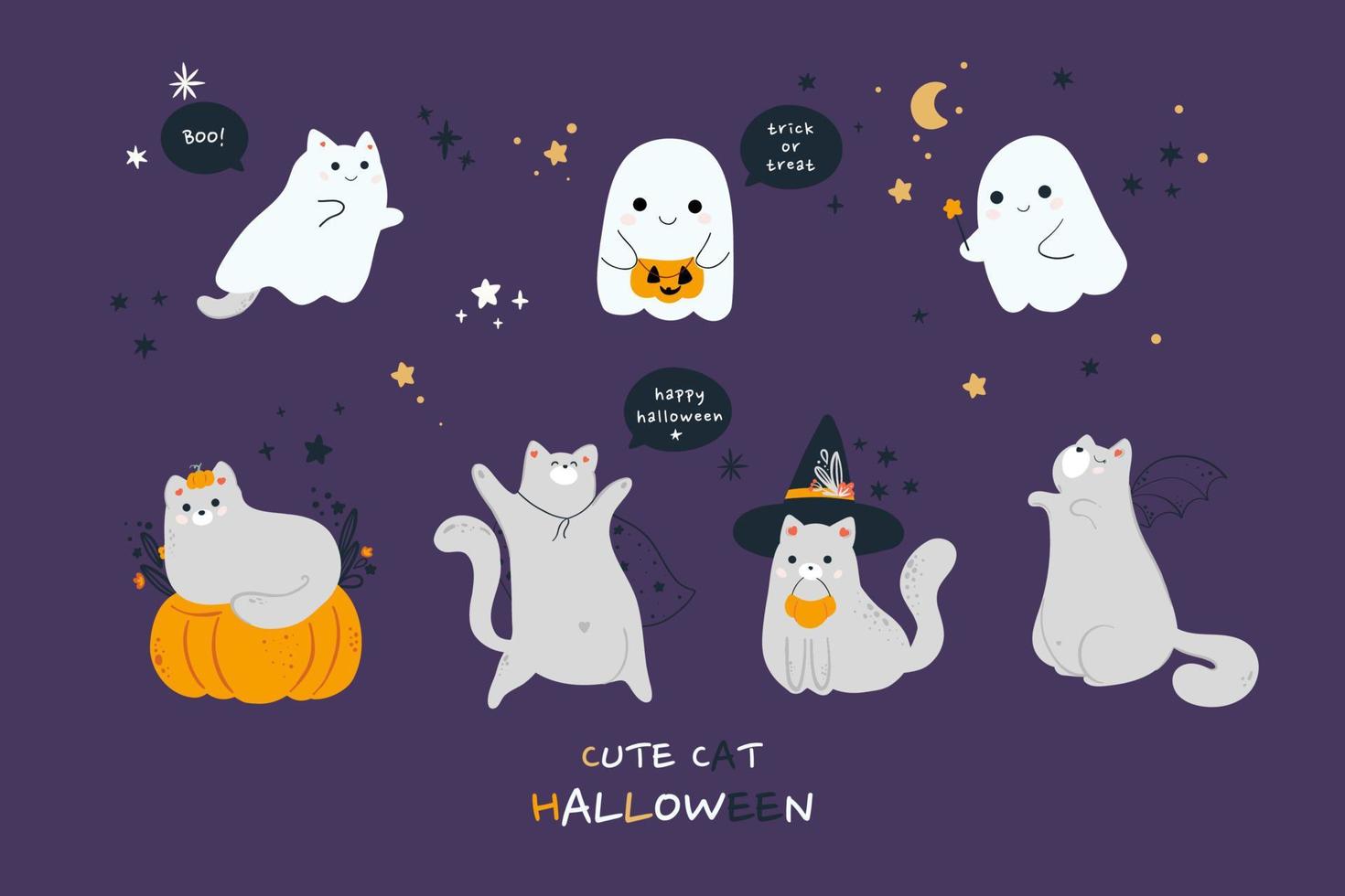 Cute cats in spooky Halloween costumes set. Funny and creepy feline animals in hats for autumn holiday of dead. Scary kitties monsters. Colored flat vector illustration isolated on white background