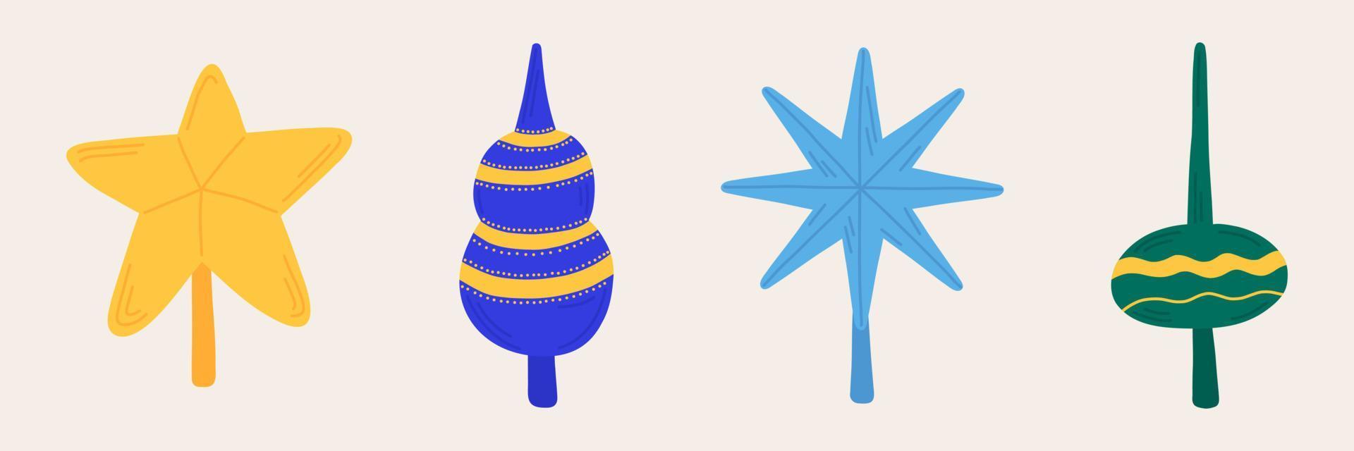 año nuevo poner bolas de árbol de navidad en estilo dibujado a mano con adorno. iconos aislados, pegatinas, elementos para el diseño de folletos, postales, carteles, invitaciones. vector