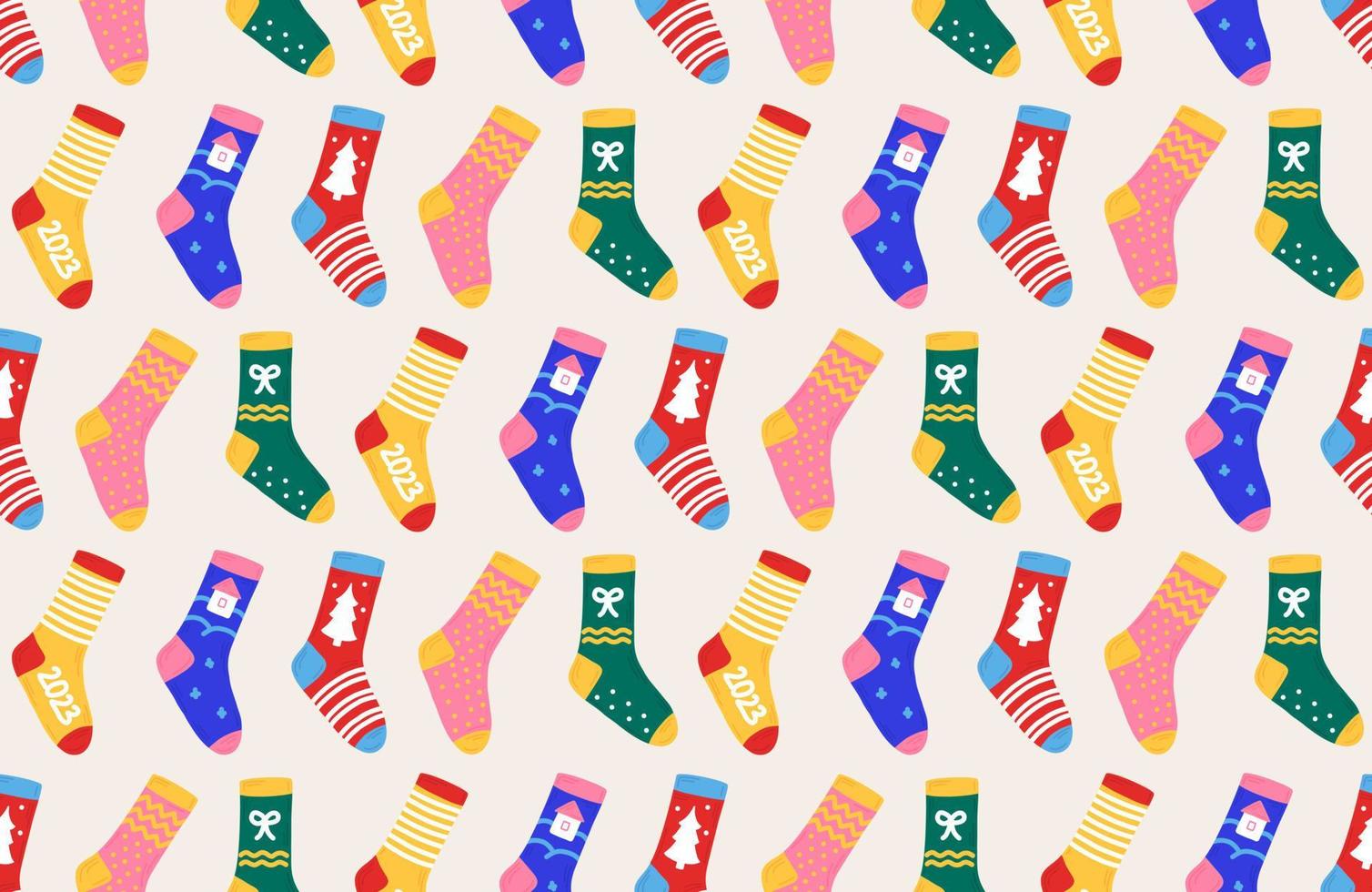 Christmas New Year pattern with socks in hand drawn. Seamless for textiles, packaging, backgrounds, postcards. vector