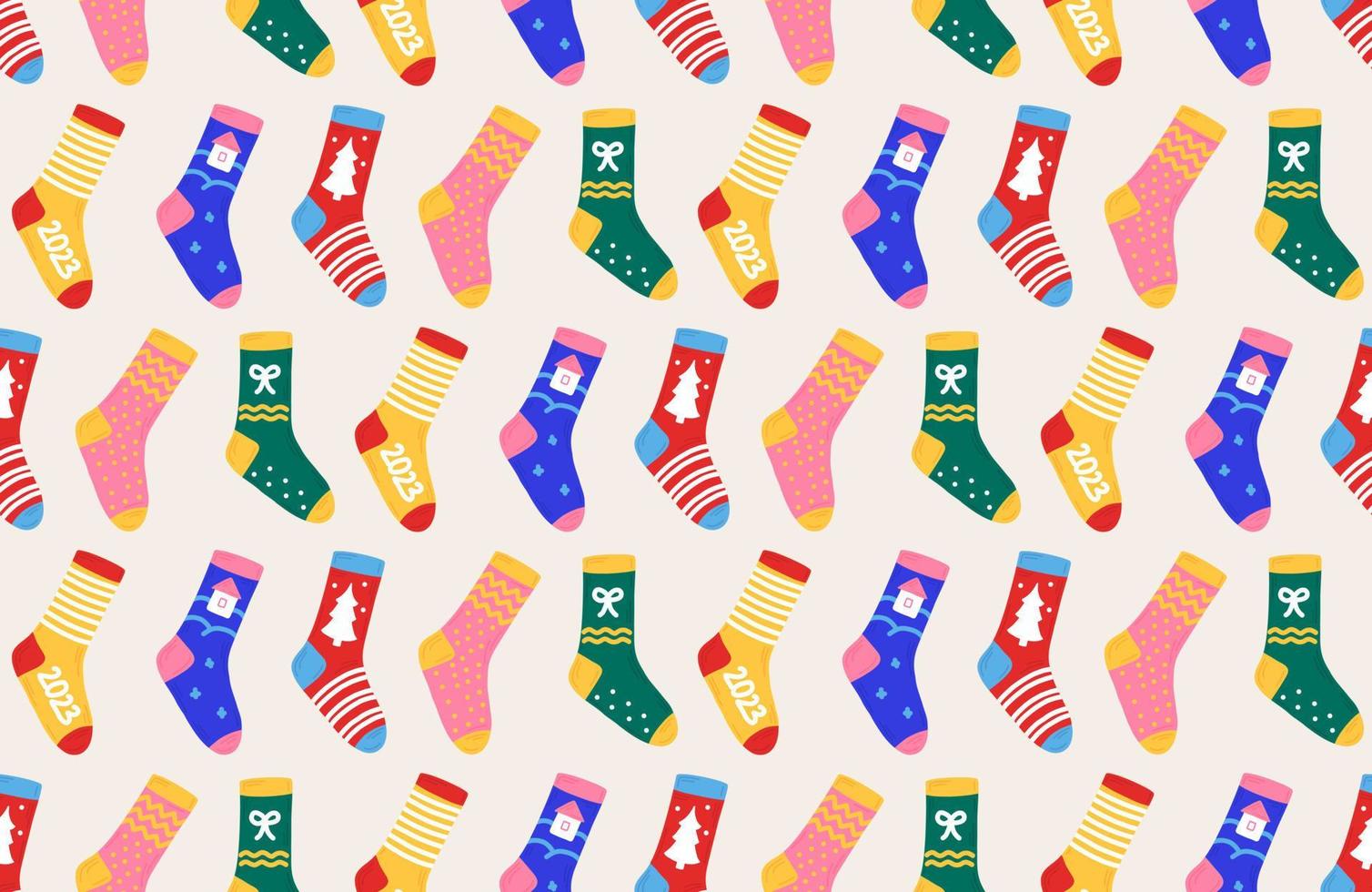 patrón de navidad año nuevo con calcetines dibujados a mano. transparente para textiles, embalajes, fondos, postales. vector