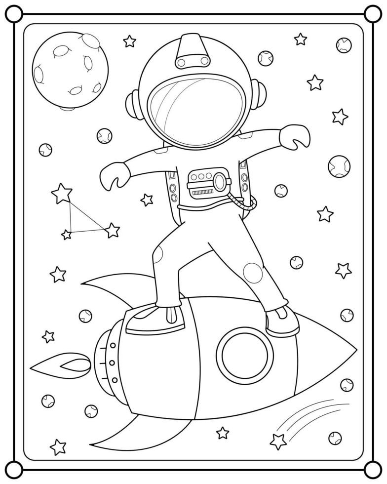 Astronaut with rocket in space suitable for children's coloring page vector illustration