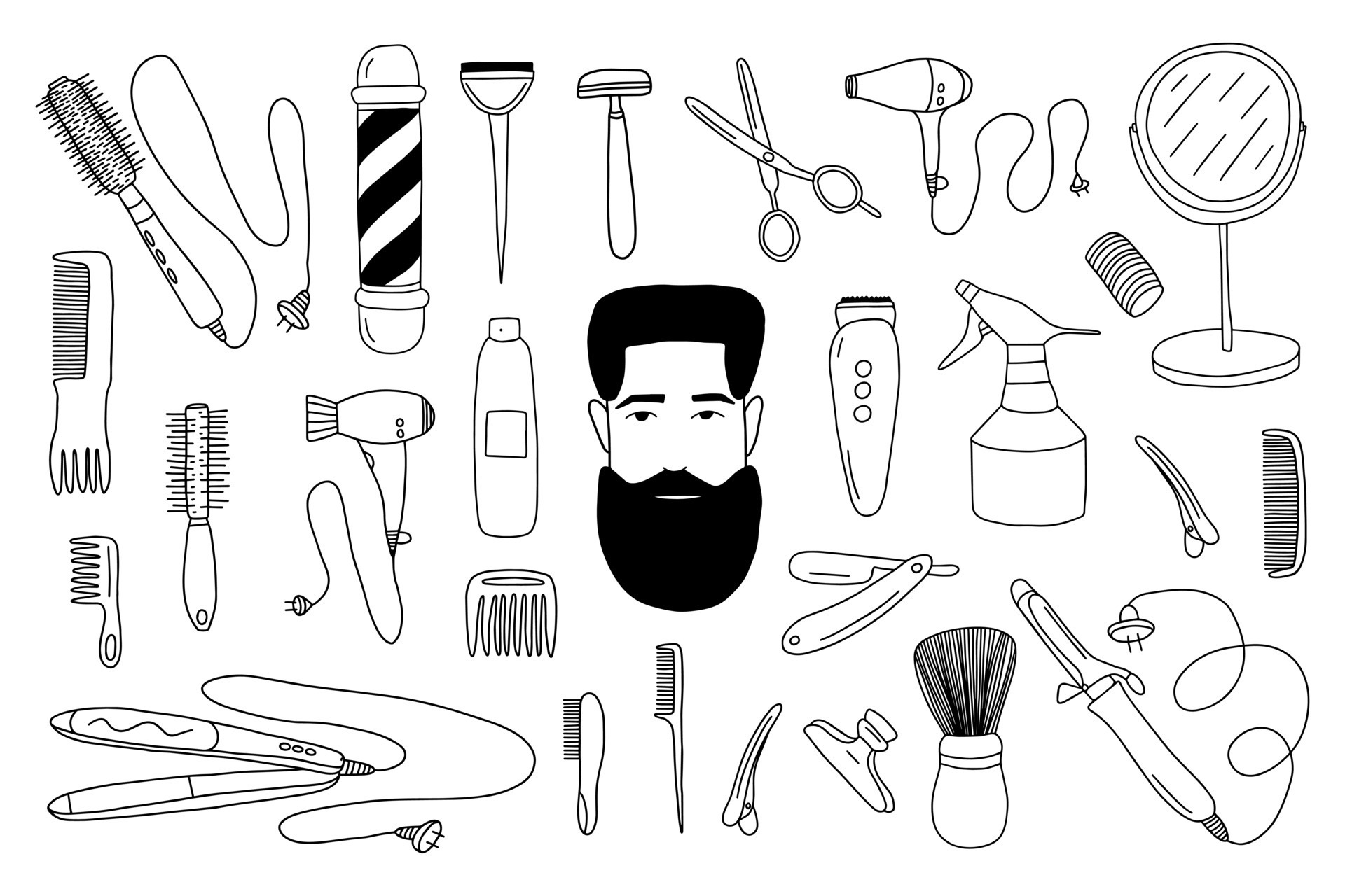 Barber shop collection. Drawing accessories for beauty haircut