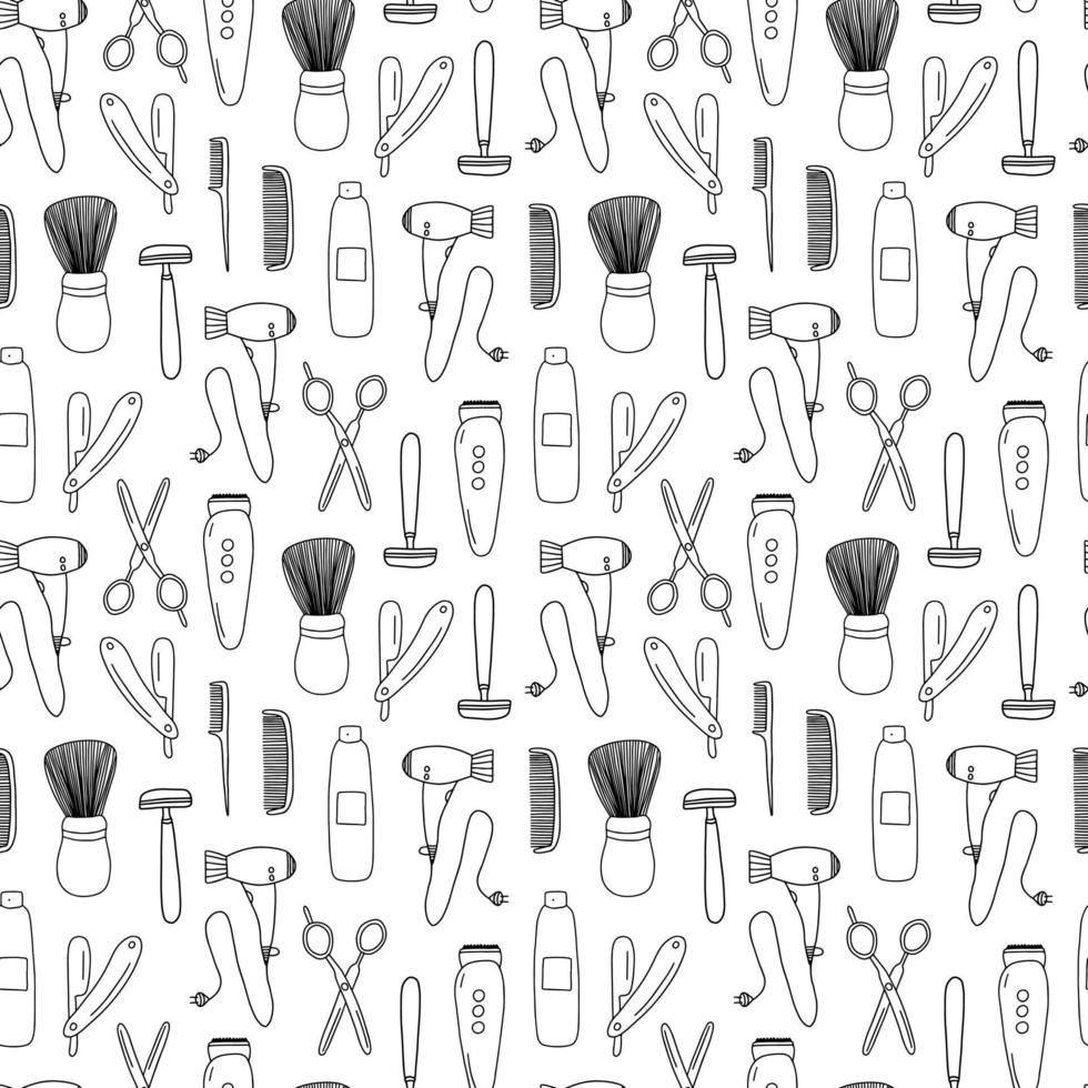 Doodle hair salon seamless pattern isolated on white background. Hand drawn vector barbershop elements seamless pattern