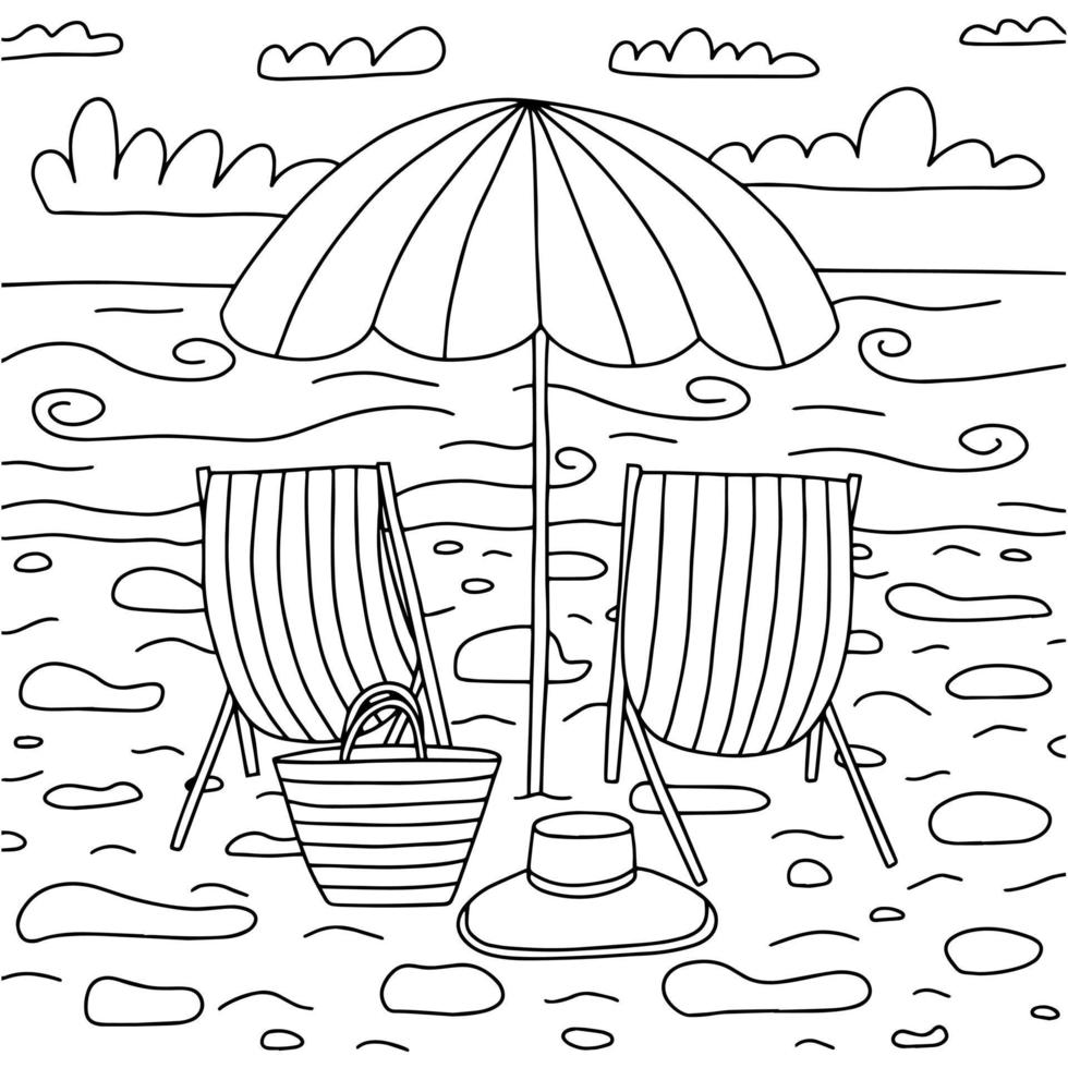 Página para colorear de playa soleada de verano. página de coloración dibujada a mano vectorial con sombrillas de playa sillas de playa. vector