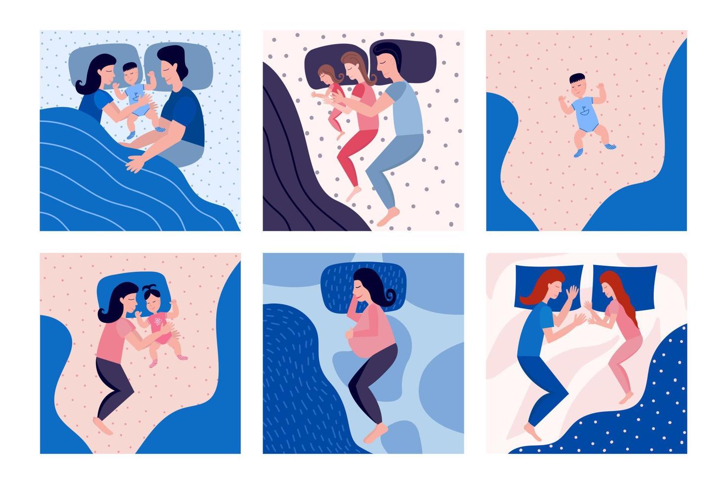 familia durmiendo con niños y mujeres embarazadas durmiendo conjunto de vectores. gran conjunto og personas durmiendo ilustración de estilo plano vector