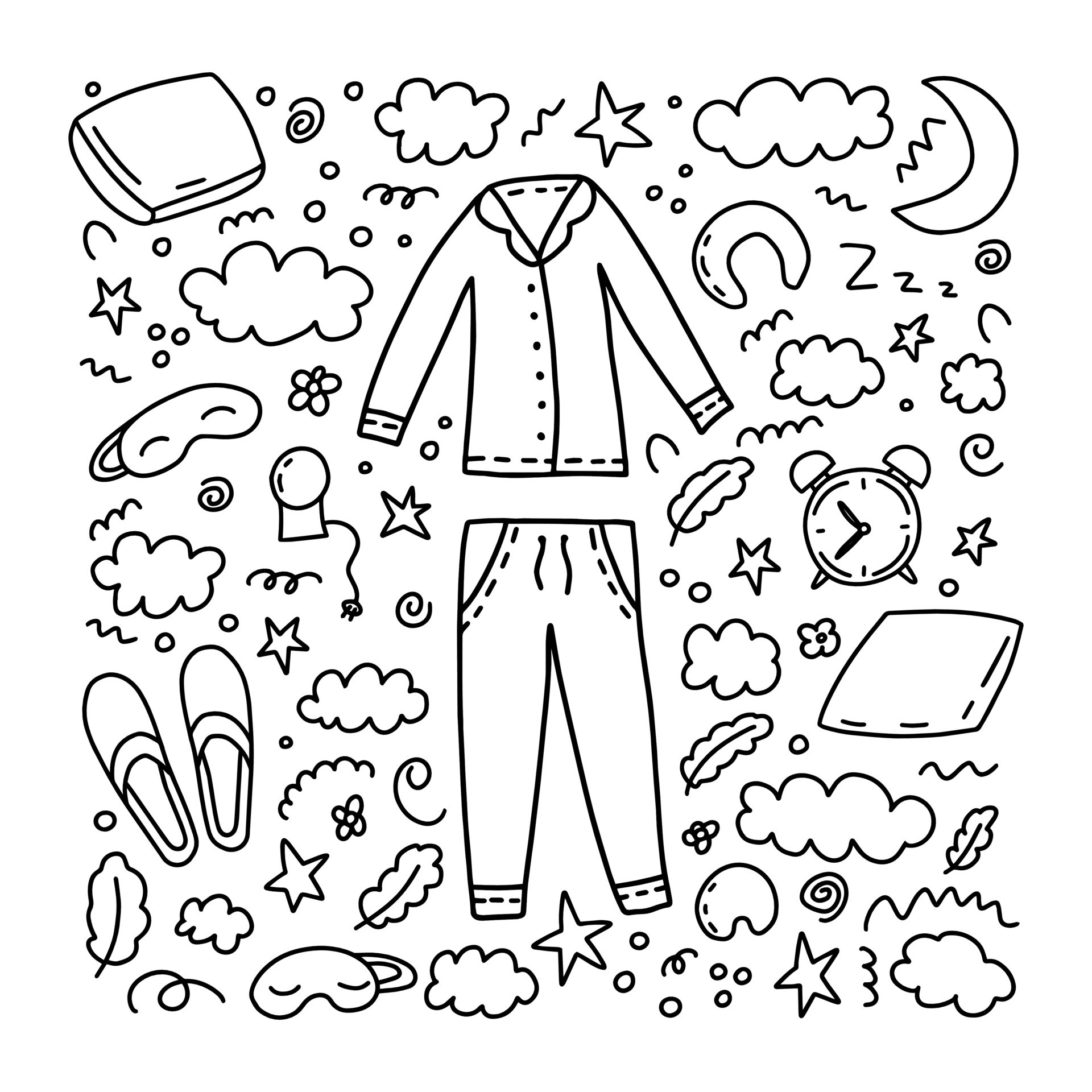 Doodle sleeping items set. Hand drawn night time dream doodle vector