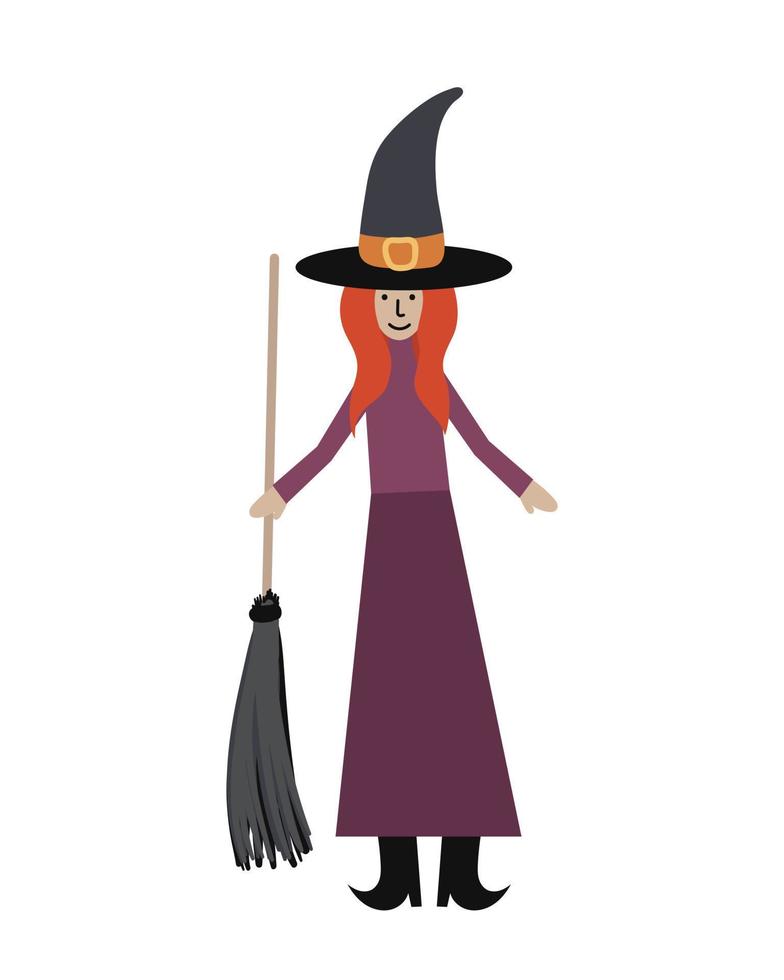 Halloween vector illustration. Witch standing with broom cartoon illustration.