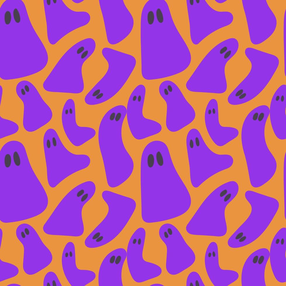 Fantastic violet ghost on orange background. Vector Halloween seamless pattern. Different ghost.