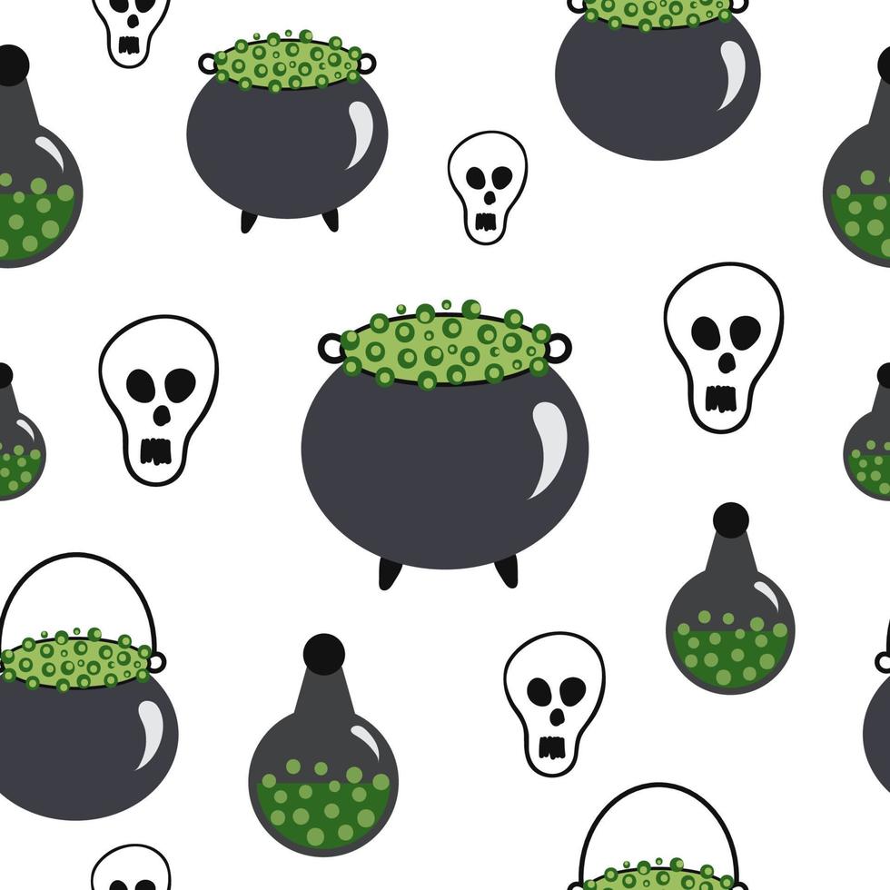 Mortal potion seamless pattern. Vector pot with green potion, skull, bottle. Halloween seamless pattern.