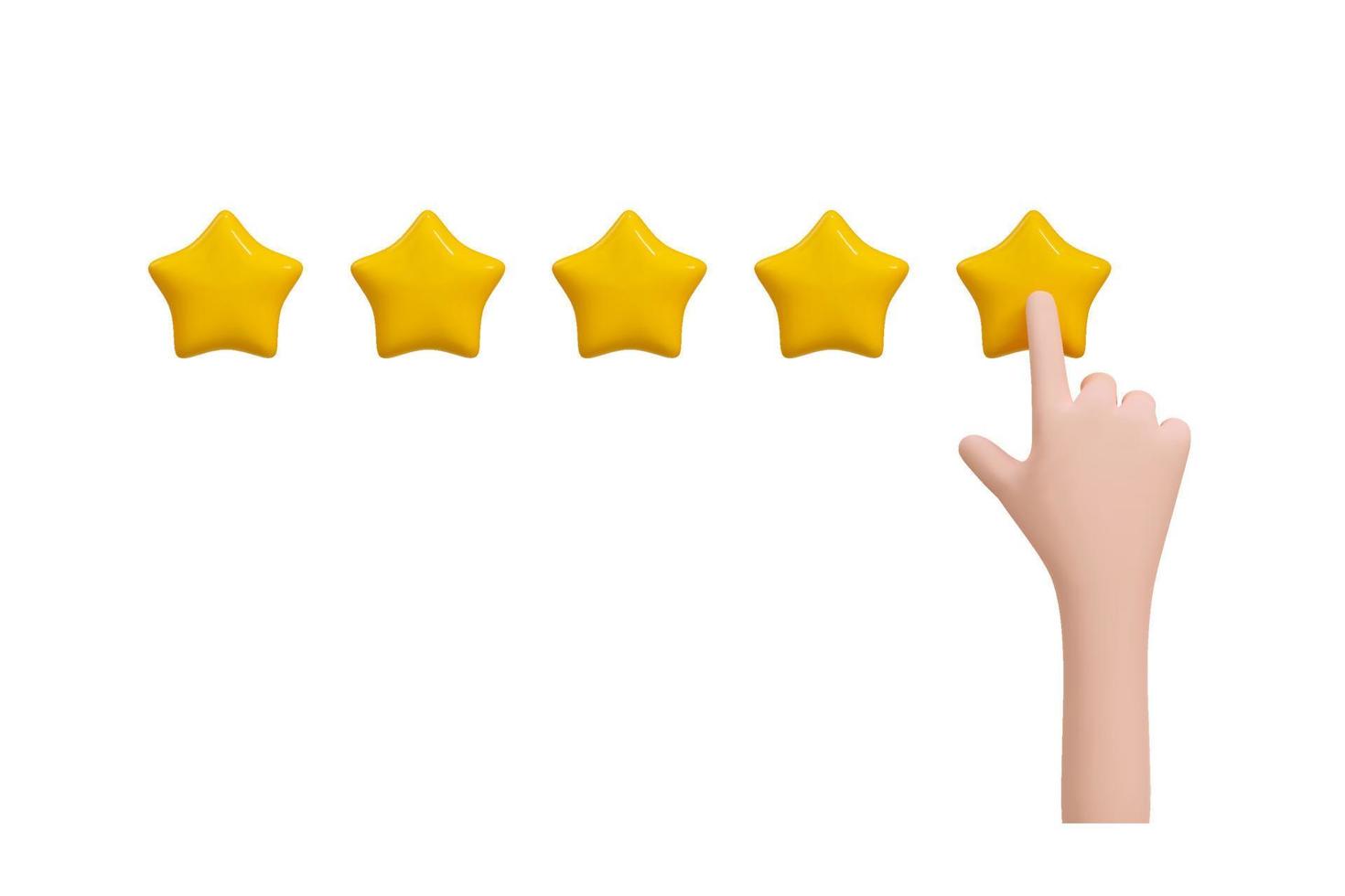 3D cartoon hand give five yellow star rating. Positive feedback concept banner. Vector illustration. Sign of rating. Good review, supporting client service successful