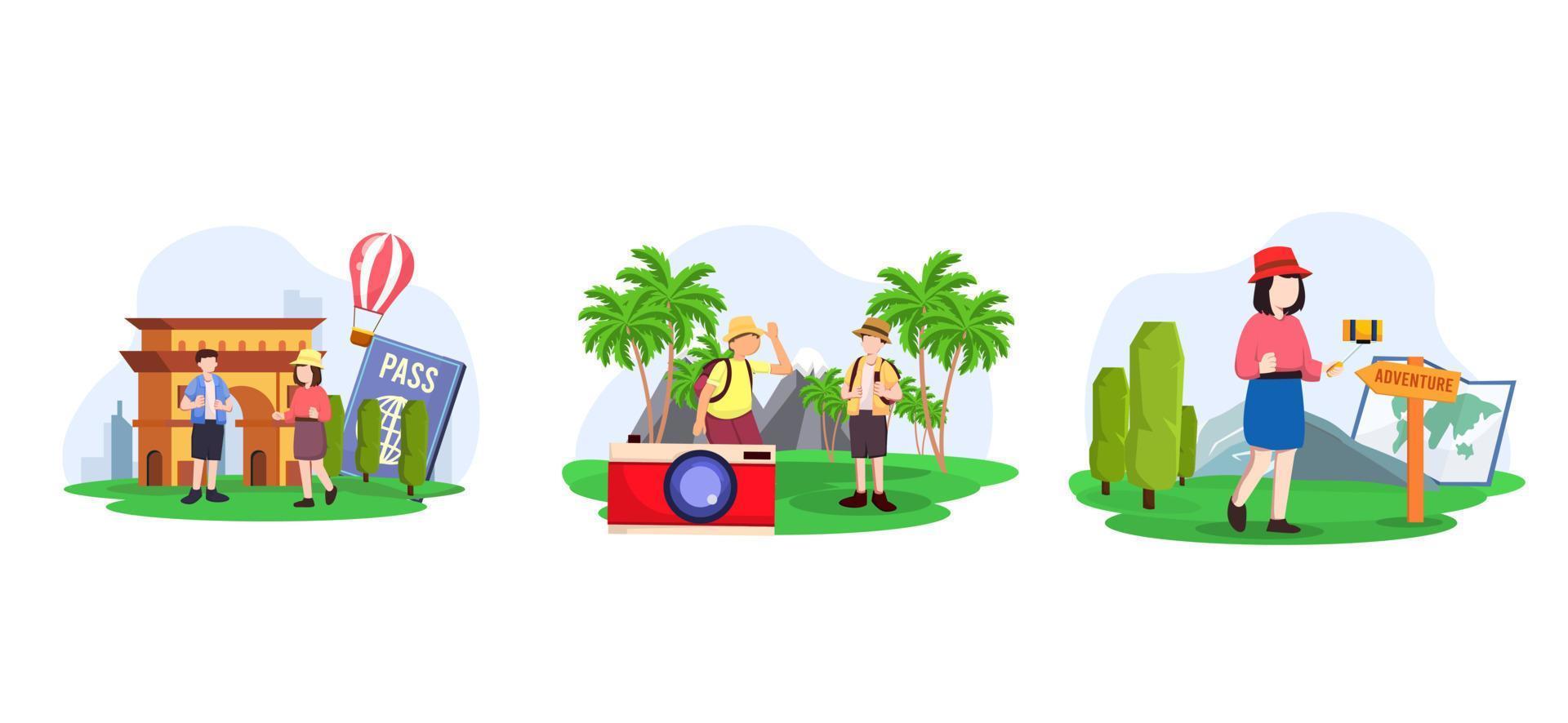 diseño de paquete plano de viaje de panorama de vacaciones vector