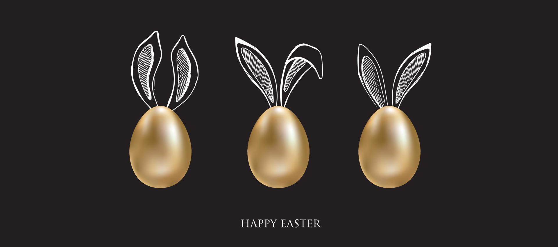 Happy Easter. Set of rabbits's ears. Gold eggs. Hand drawn illustration. vector