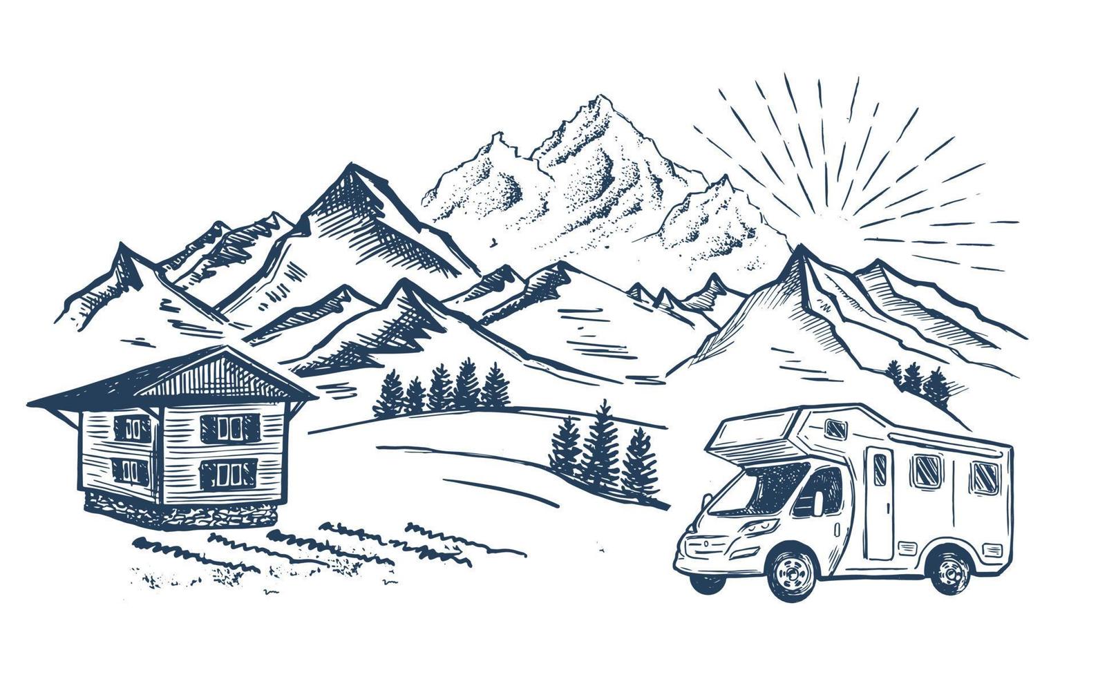 Camping in nature, motor home, Mountain landscape, hand drawn style, vector illustrations.