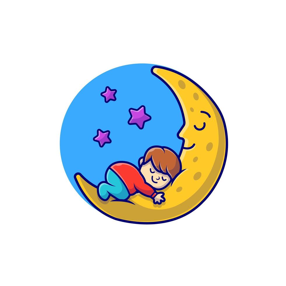 niño lindo durmiendo en la ilustración del icono del vector de dibujos animados de la luna. gente naturaleza icono concepto aislado premium vector. estilo de dibujos animados plana