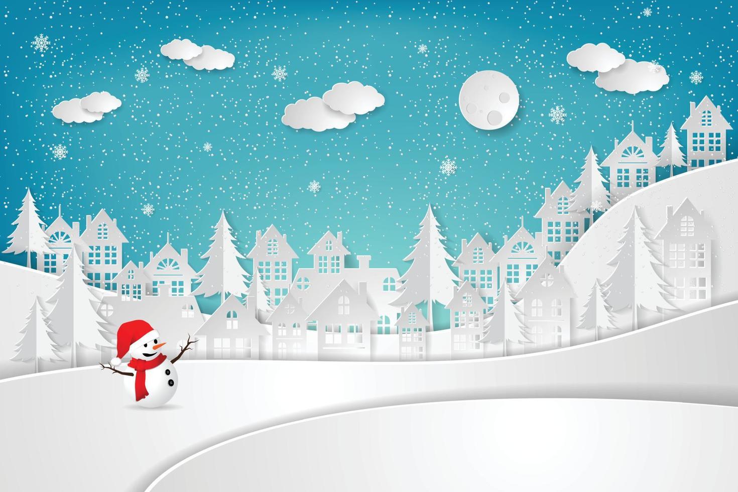 Snowman and Countryside landscape, village, snow town. paper art and craft style. illustrator Vector eps 10.