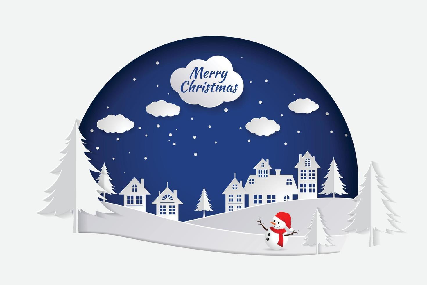 Snowman and Countryside landscape, village, snow town. paper art and craft style. illustrator Vector eps 10.