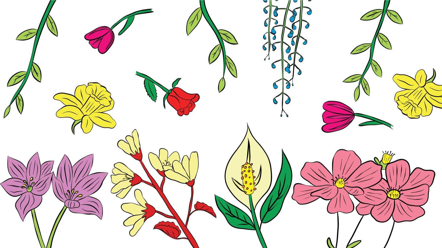 Set of flower images collection with hand drawn style, there are roses, tulips, wisteria, etc. Suitable for wallpaper, covers, cards, packaging, and books. vector