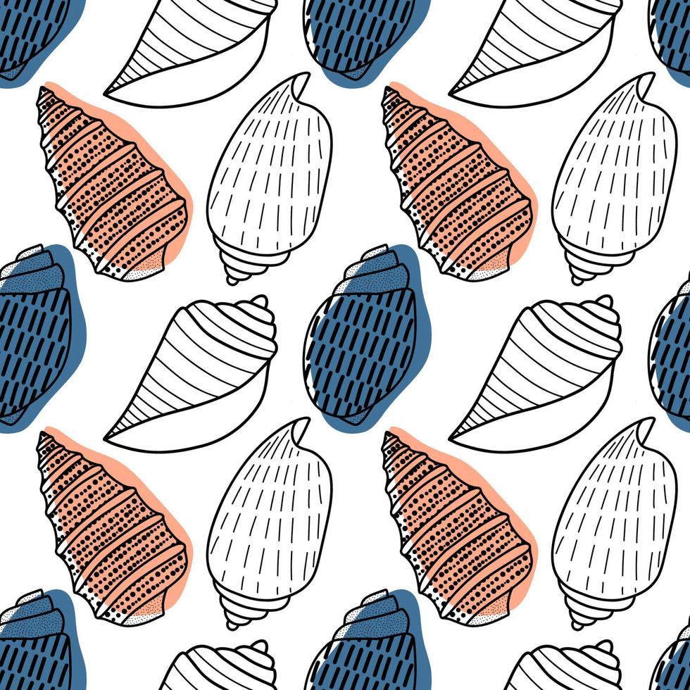 Vector seamless pattern. Line art sketch seashells. Isolated background. Decoration symbol of health calcium. Summer, sand and beach design. Repetitive ornament.