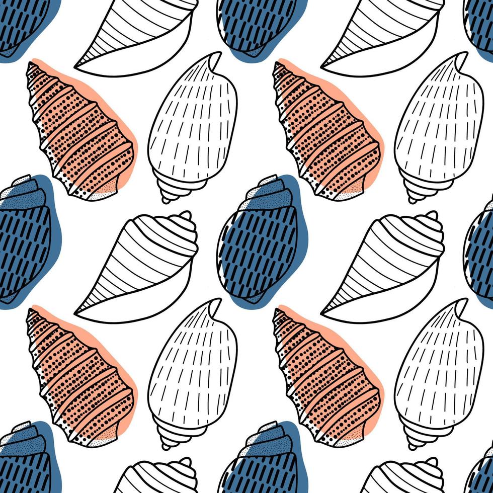 Vector seamless pattern. Line art sketch seashells. Isolated background. Decoration symbol of health calcium. Summer, sand and beach design. Repetitive ornament.