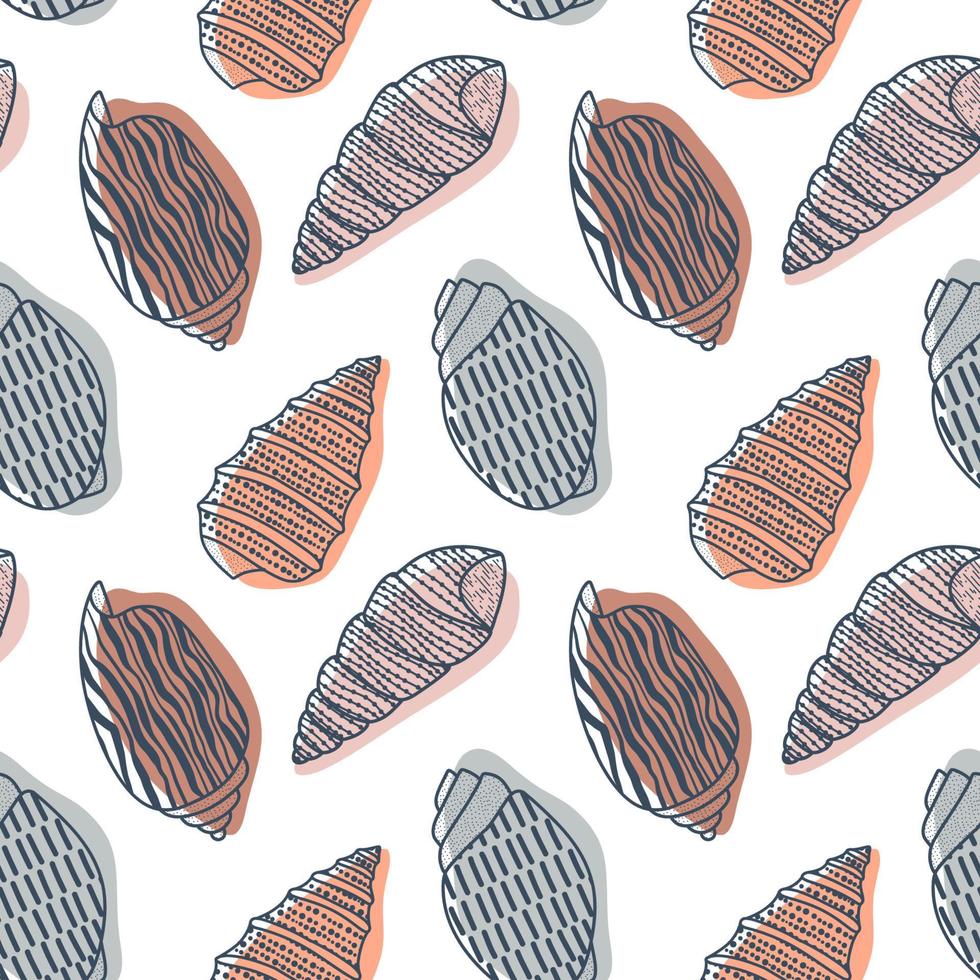 Vector seamless pattern. Line art sketch seashells. Isolated background. Decoration symbol of health calcium. Summer, sand and beach design. Repetitive ornament.