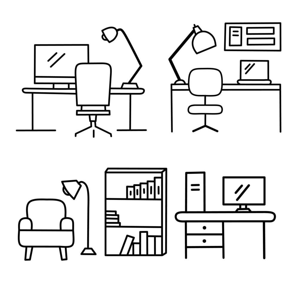 Set of workspace at home icon outline, on white background. Editable stroke Vector