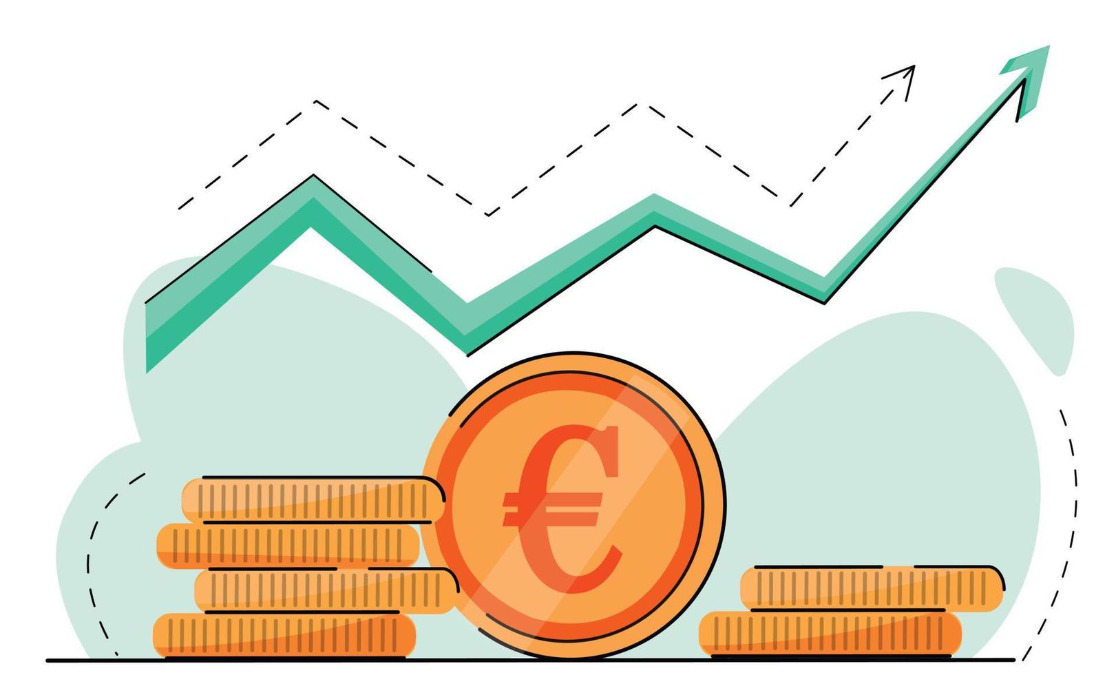 estadística de aumento de la tasa del euro salarial. ingresos de margen de crecimiento de beneficio empresarial. finanzas del rendimiento retorno de la inversión concepto de roi con flecha. icono moneda plana vector ilustración aislado en blanco