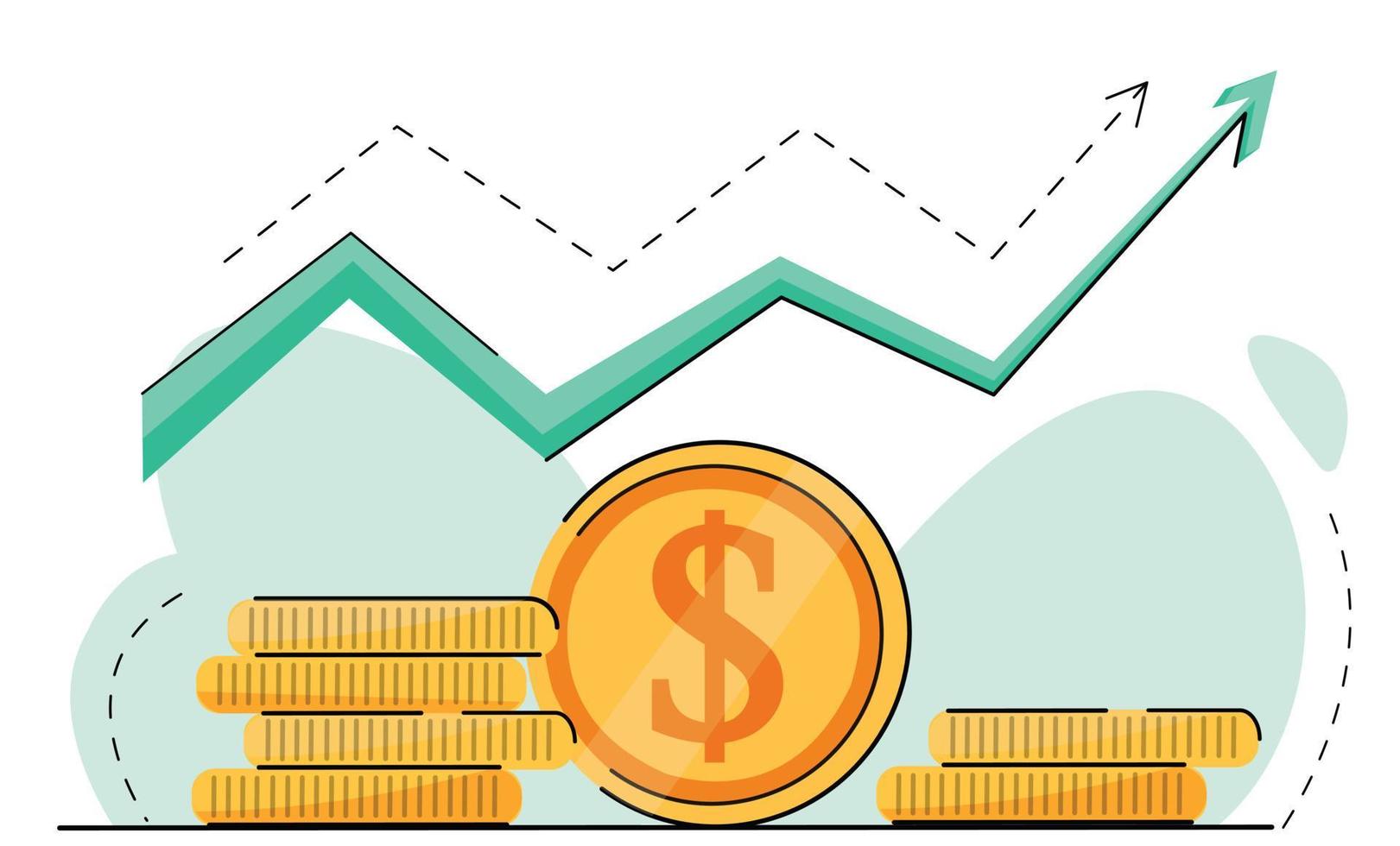 salary dollar rate increase statistic. business profit growth margin revenue. Finance of performance return on investment ROI concept with arrow.  icon coin flat vector illustration isolated on white