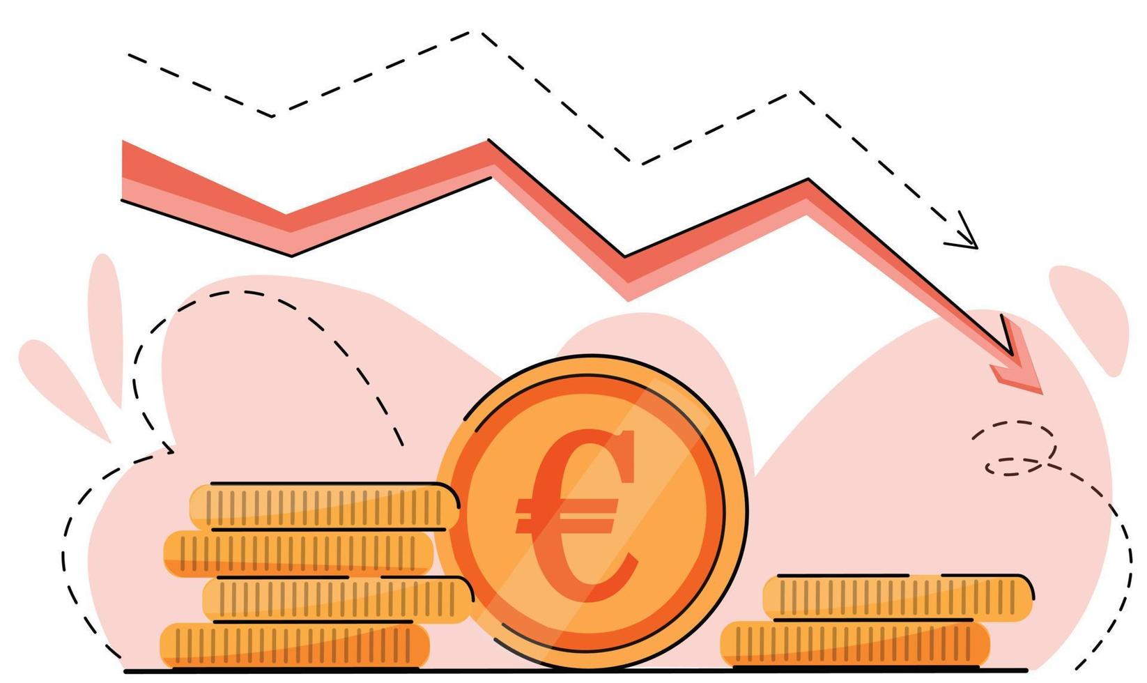 mala contracción de la economía, caída del mercado, quiebra, recesión presupuestaria, gasto de inversión. crisis financiera mundial, caída de los precios del petróleo, colapso de la economía. moneda de vector euro gráfico de flecha hacia abajo