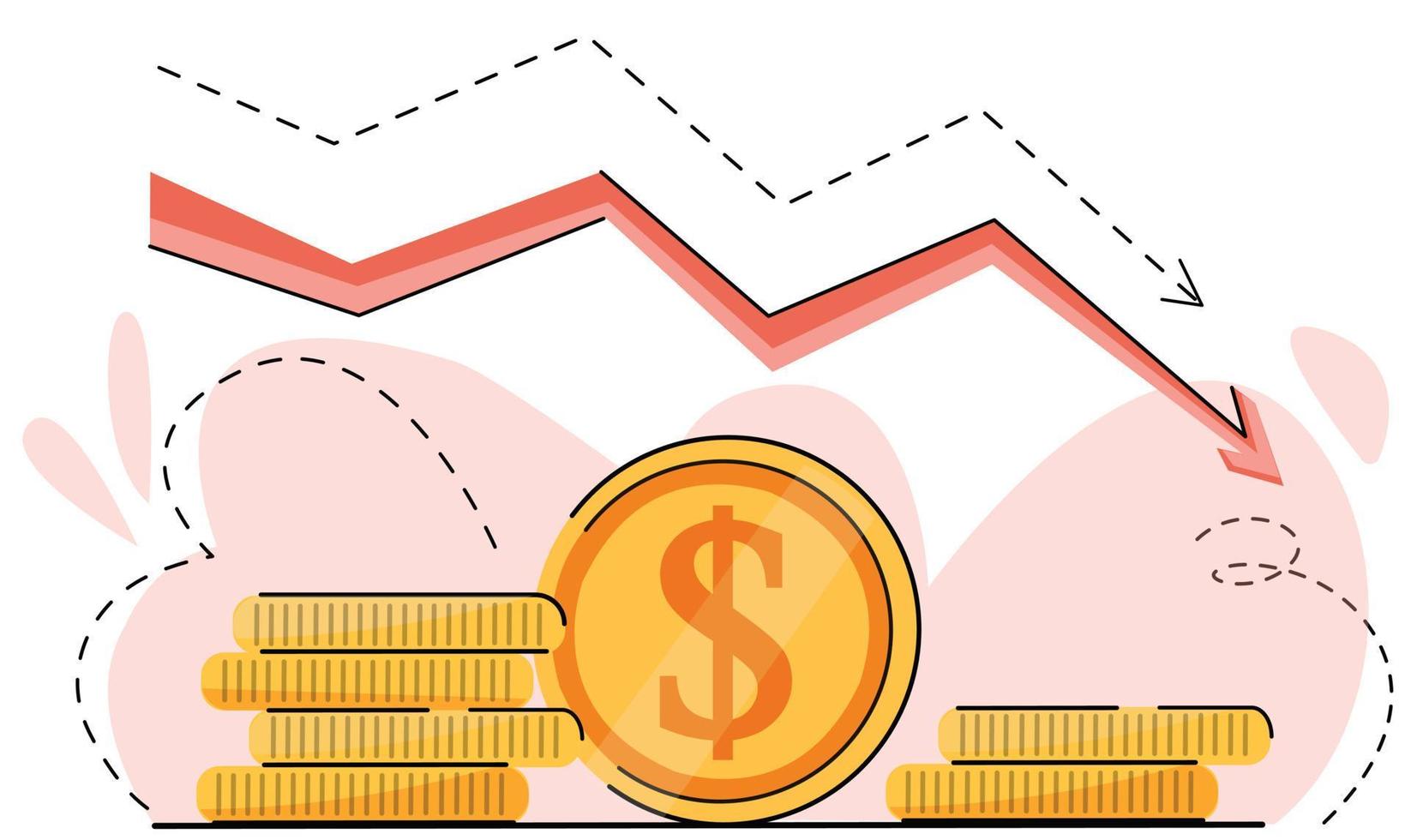 mala contracción de la economía, caída del mercado, quiebra, recesión presupuestaria, gasto de inversión. crisis financiera mundial, caída de los precios del petróleo, colapso de la economía. gráfico de flecha hacia abajo de moneda de dólar de vector