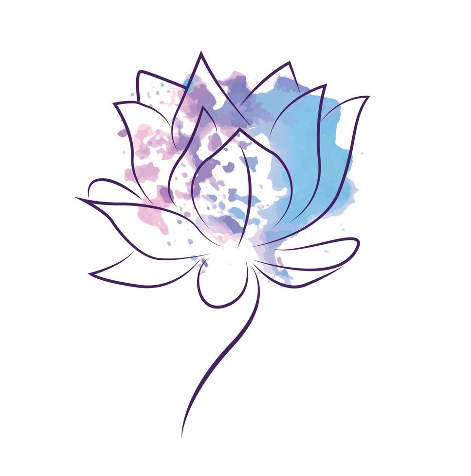 logo tattoo design silhouette lotus in line art style with watercolor paint stains isolated on white background vector
