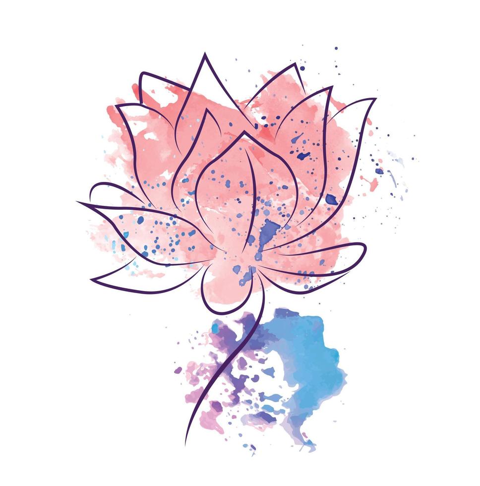 logotipo diseño de tatuaje silueta loto en estilo de arte lineal con manchas de pintura de acuarela aisladas en fondo blanco vector